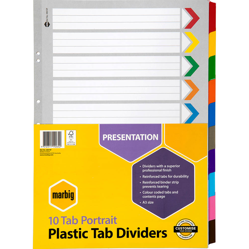 MARBIG DIVIDER REINFORCED MANILLA 10TAB A3 ASSORTED